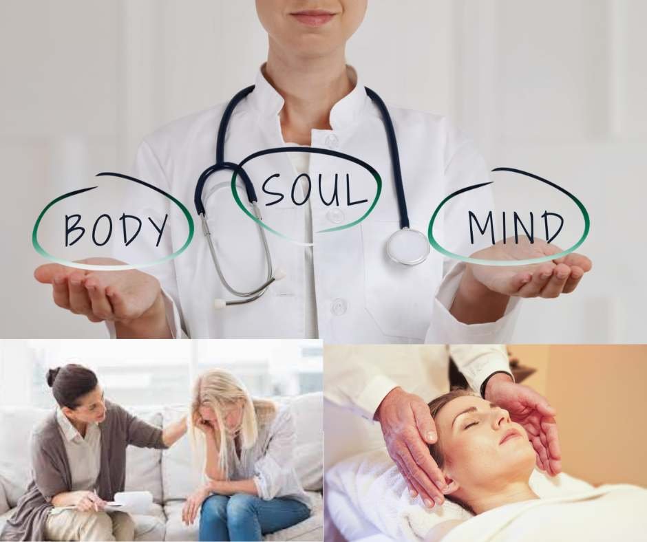 Woman with long light brown hair pinching the bridge of her nose with eyes closed, wearing a light pink top, against a light gray background